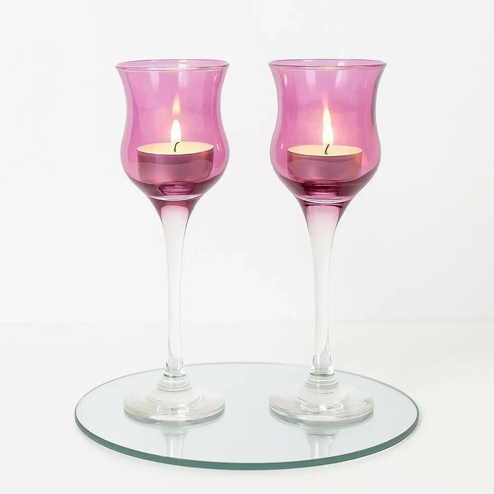 Set of 2 Elegant Purple Glass Candle Holders – Romantic Home Décor Accent